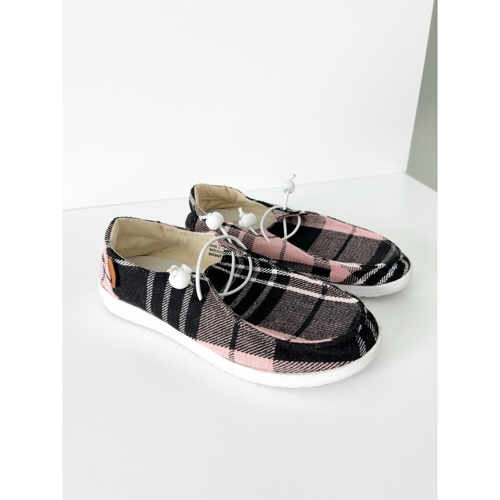 Corkys Kayak Pink and Black Plaid Slip on Shoes 8